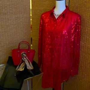 NWT - DKNY - Red Sequined - Long Sleeve, Button Up Blouse. Size S
